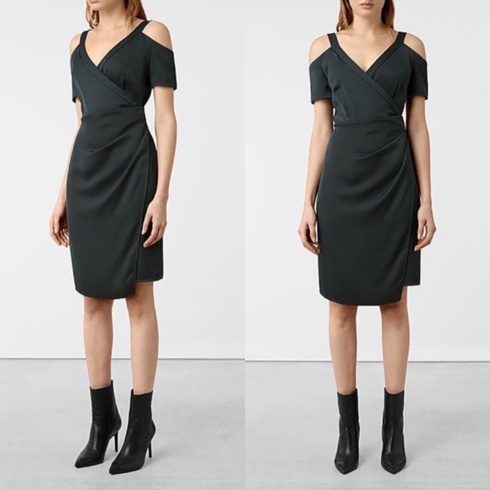 All Saints Black green cut out Shoulder Midi Dress  allsaints city date
